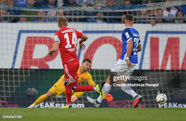 Aaron Hunt of Hamburg scores his team's first goal during the Second Bundesliga match between SV Darmstadt 98 and Hamburger SV at...