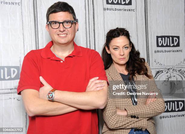 Playwright Roberto Aguirre-Sacasa and actress Michelle Gomez attend Build Brunch to discuss TV series 'Chilling Adventures of Sabrina' at Build...