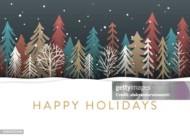 holiday card with christmas trees - winter backgrounds stock illustrations