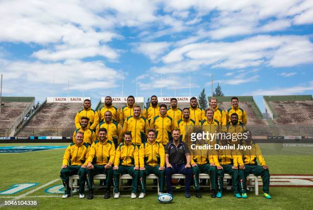 Players of Australia pose for the team photo during the media day before the match against Argentina as part of The Rugby Championship 2018 at...
