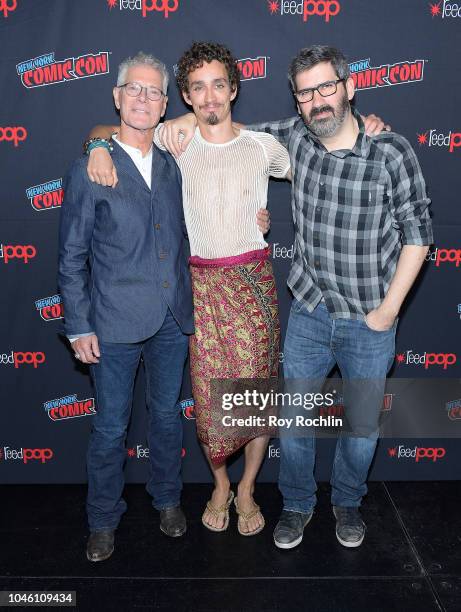 Stephen Lang, Robert Sheehan and Christian Rivers attend the Mortal Engines panel during the New York Comic Con 2018 at Javits Center on October 5,...