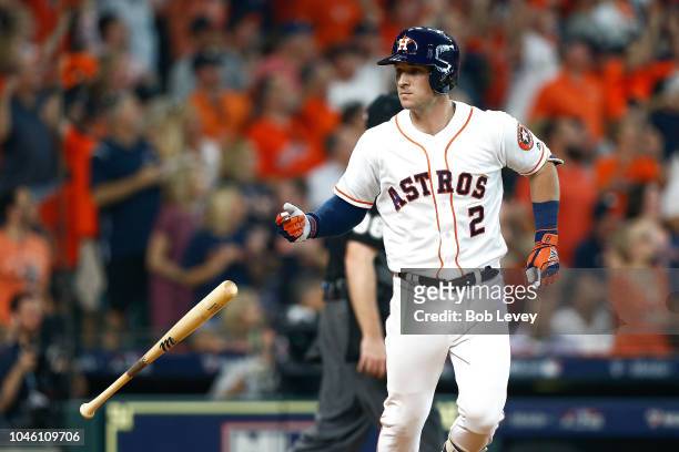 Alex Bregman of the Houston Astros reacts after hitting a solo home run in the fourth inning against the Cleveland Indians during Game One of the...