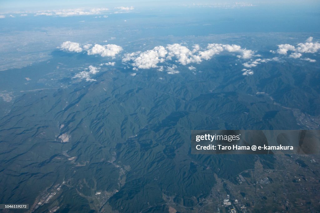 Ise Bay and Suzuka Mountains in Japan daytime aerial view from airplane
