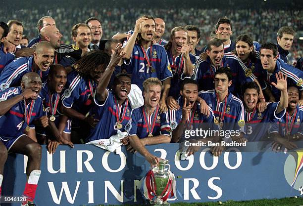 France players celebrate after the European Championships 2000 Final against Italy at the De Kuip stadium, Rotterdam, Holland. France won 2-1 after...