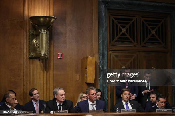 Sen. Jeff Flake speaks during a meeting of the Senate Judiciary Committee September 28, 2018 in Washington, DC. Flake was crucial in getting the...