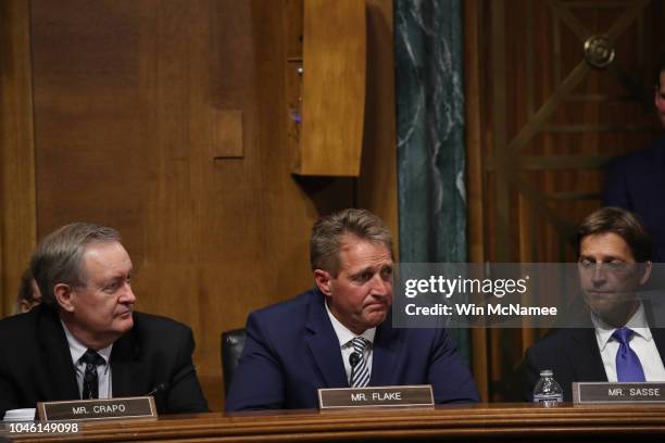 Sen. Jeff Flake speaks during a meeting of the Senate Judiciary Committee September 28, 2018 in Washington, DC. Flake was crucial in getting the...
