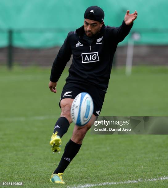 Richie Mo'unga of New Zealand All Blacks kicks the ball during a training session ahead of the match against Argentina as part of The Rugby...