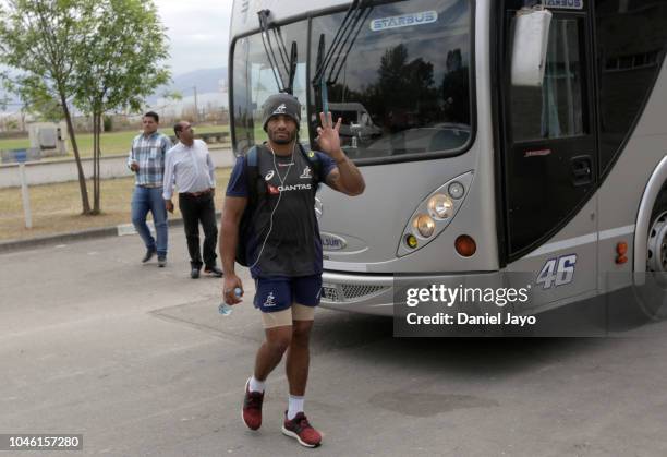 Will Genia of Australia waves as he arrives to attend the capitan's run at the media day before the match against Argentina as part of The Rugby...