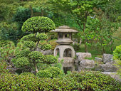 Japanese Zen garden with Bonsai and traditional stone lantern