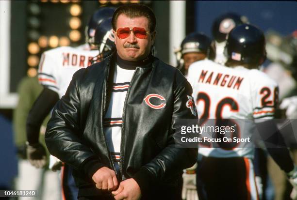 Head Coach Mike Ditka of the Chicago Bears looks on while his team warms up prior to playing the New York Giants in the NFC Divisional Playoff game...