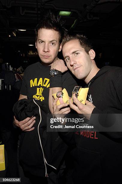 Pierre Bouvier and Chuck Comeau of Simple Plan during Z100's Zootopia 2005 - On 3 Productions Gift Lounge at Continental Airlines Arena in East...