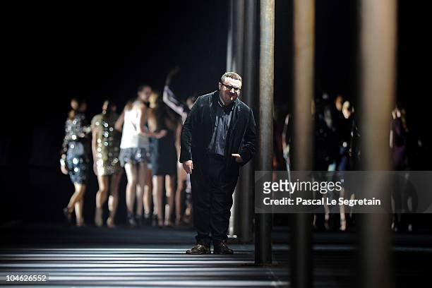 Designer Alber Elbaz walks the runway during the Lanvin Ready to Wear Spring/Summer 2011 show during Paris Fashion Week at Halle Freyssinet on...
