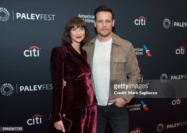 Actors Caitriona Balfe and Sam Heughan attend the "Outlander" 2018 Paleyfest NY at The Paley Center for Media on October 5, 2018 in New York City.