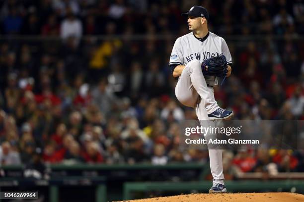 Happ of the New York Yankees pitches during Game 1 of the ALDS against the Boston Red Sox at Fenway Park on Friday, October 5, 2018 in Boston,...