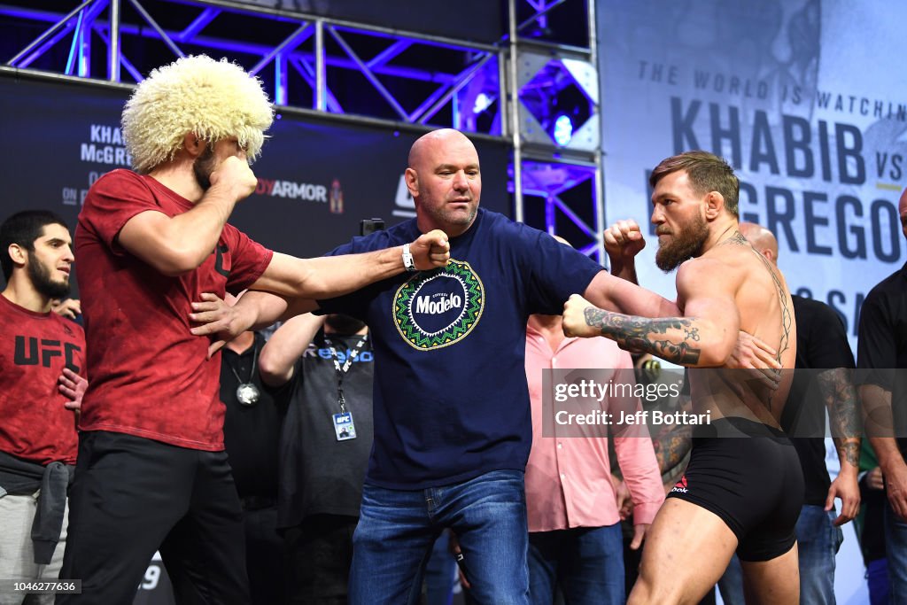 Opponents Khabib Nurmagomedov of Russia and Conor McGregor of Ireland... News Photo - Getty Images