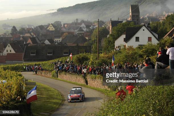 Daniel Sordo and Diego Vallejo of Spain compete in their Citroen C4 Junior Team during Leg 1 of the WRC Rally of France on October 1, 2010 in...