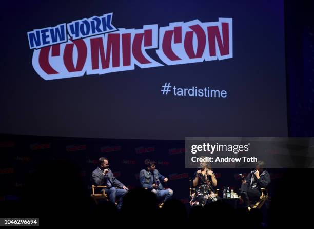 David Tennant, Alex Kingston and Matt Smith speak onstage at the Tardis Time panel during New York Comic Con 2018 at Hammerstein Ballroom on October...