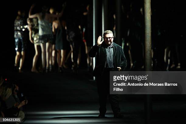 Alber Elbaz walks the runway during the Lanvin Ready to Wear Spring/Summer 2011 show during Paris Fashion Week at Halle Freyssinet on October 1, 2010...
