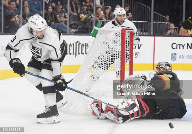 Marc-Andre Fleury of the Vegas Golden Knights defends the net against Adrian Kempe of the Los Angeles Kings in the third period of their preseason...