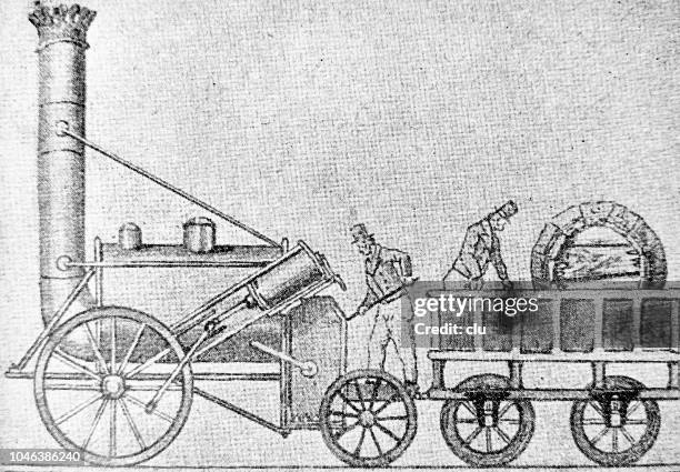 history of the railway: first locomotive - history and progress of the steam engine stock illustrations
