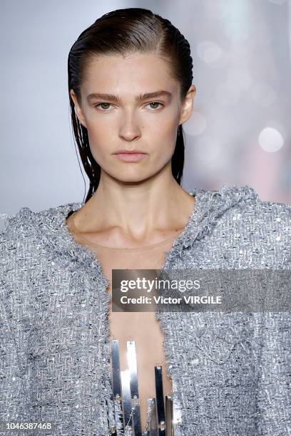 Model walks the runway during the Balmain Ready to Wear fashion show as part of the Paris Fashion Week Womenswear Spring/Summer 2019 on September 28,...