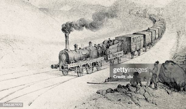 first train from paris to orleans in 1828 - history and progress of the steam engine stock illustrations