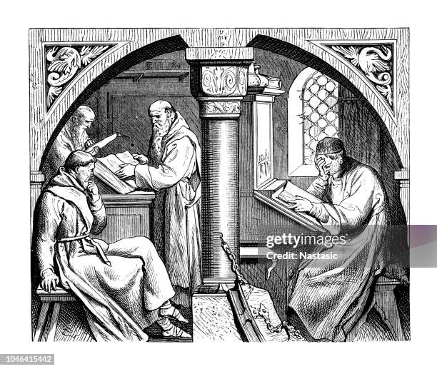 ilustraciones, imágenes clip art, dibujos animados e iconos de stock de trabajo mental en un monasterio medieval - abadía