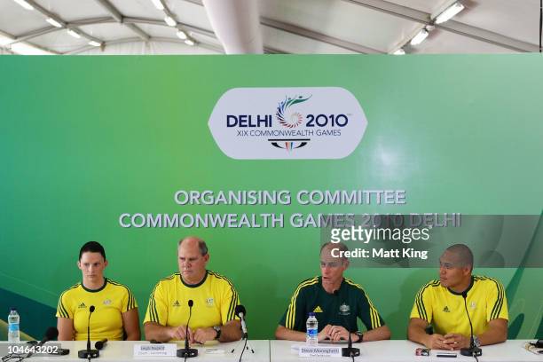 Leisel Jones, Australian Swim Team head coach Leigh Nugent, Australian team chef de mission Steve Moneghetti and Geoff Heugill speak to the media...