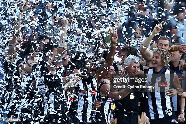 The Magpies hold up the Premiership Cup after winning the AFL Grand Final Replay match between the Collingwood Magpies and the St Kilda Saints at...