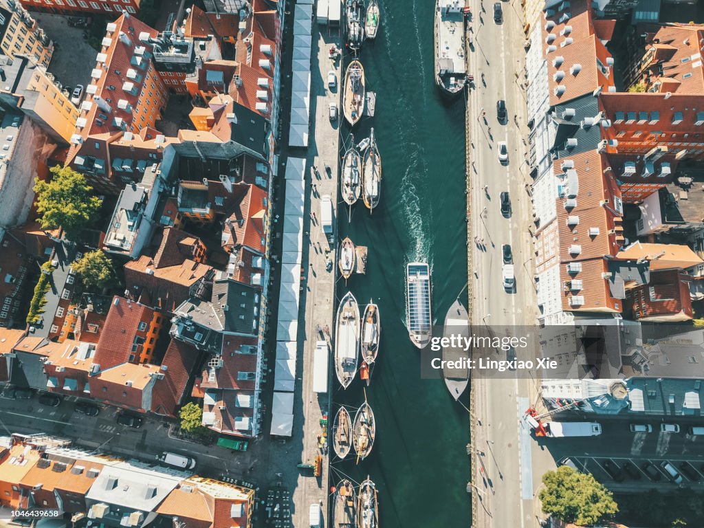 Aerial Of Nyhavn At Copenhagen Denmark Taken By Drone From Straight Above Stock Photo - Images