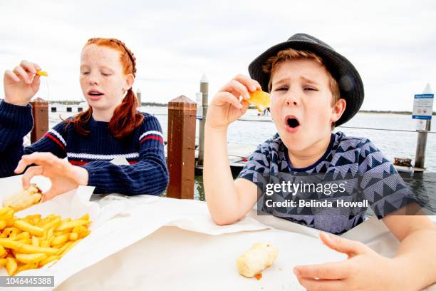 sister and brother with a friend share fish and chips for lunch by the water - family eating potato chips imagens e fotografias de stock