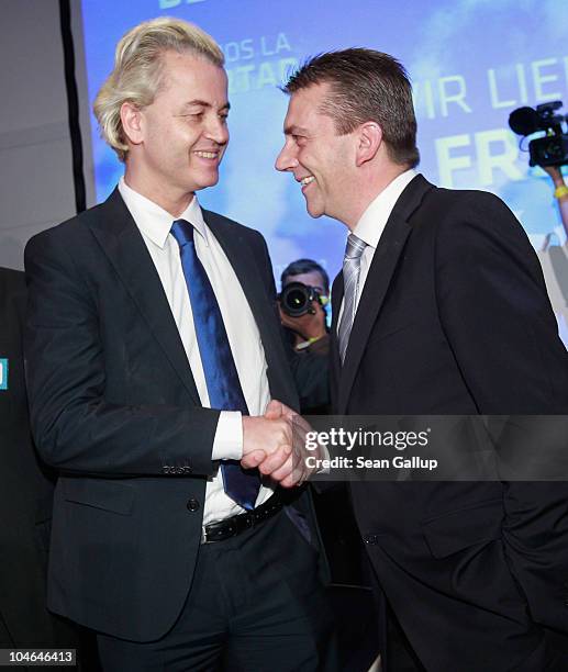 German renegade former Christian Democrat Rene Stadtkewitz greets Dutch right-wing politician Geert Wilders on October 2, 2010 in Berlin, Germany....