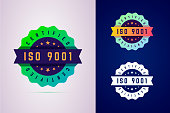 Iso 9001 certified badge. Three color variants label for certificated product.