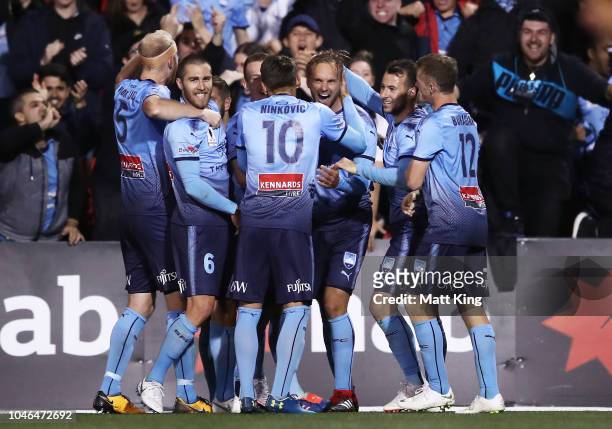 Siem De Jong of Sydney FC celebrates with team mates after scoring a goal during the FFA Cup Semi Final match between the Western Sydney Wanderers...