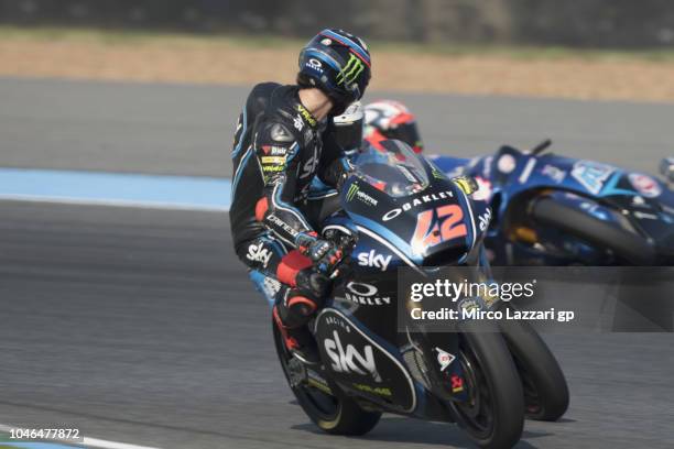 Mattia Pasini of Italy and Italtrans Racing crashed out during the MotoGP Of Thailand - Qualifying on October 6, 2018 in Buri Ram, Thailand.