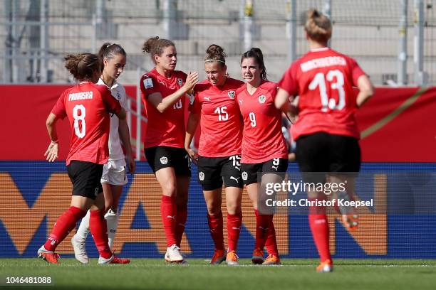 Nicole Billa of Austria celebrates the first goal with her team mates during the International friendly match between Germany Women and Austria Women...