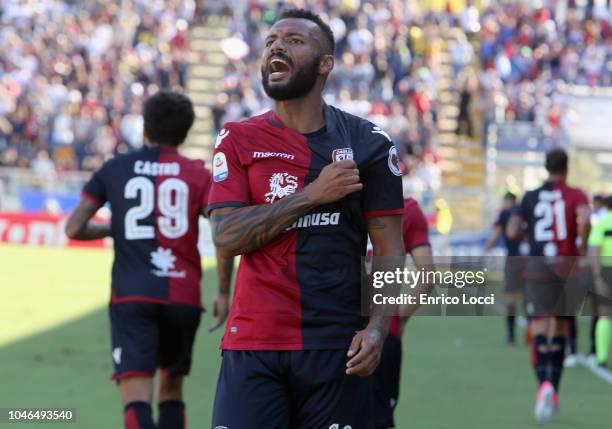 Joao Pedro of Cagliari celebrates his goal 1-0 during the Serie A match between Cagliari and Bologna FC at Sardegna Arena on October 6, 2018 in...