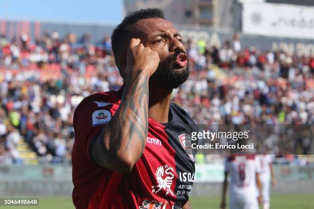 Joao Pedro of Cagliari celebrates his goal 1- 0 during the Serie A match between Cagliari and Bologna FC at Sardegna Arena on October 6, 2018 in...