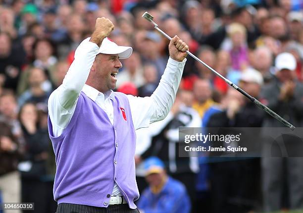 Stewart Cink of the USA celebrates a birdie putt on the 17th green during the rescheduled Afternoon Foursome Matches during the 2010 Ryder Cup at the...