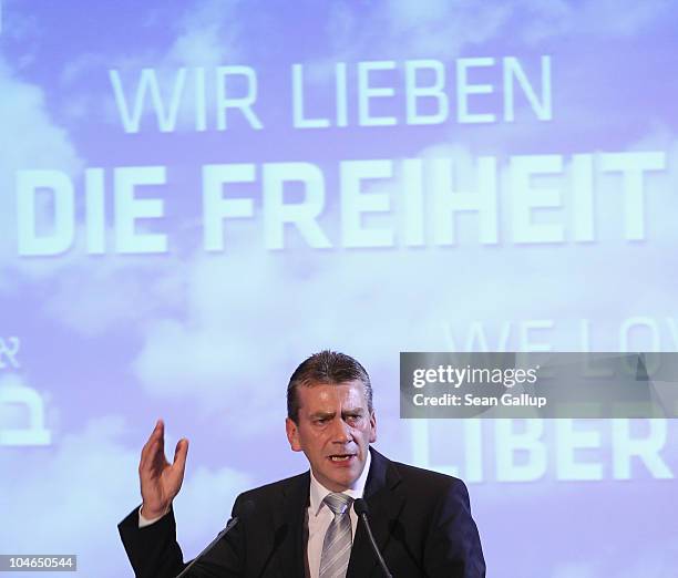 German renegade former Christian Democrat Rene Stadtkewitz speaks at an event that included Dutch right-wing politician Geert Wilders on October 2,...