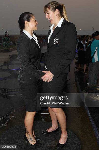 Temepara George and Irene Van Dyk of the Silver Ferns during the New Zealand team welcoming ceremony in the International Zone of the Athletes...