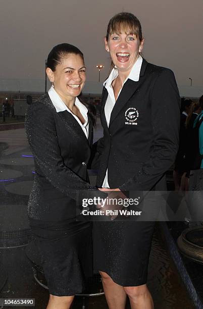 Temepara George and Irene Van Dyk of the Silver Ferns during the New Zealand team welcoming ceremony in the International Zone of the Athletes...