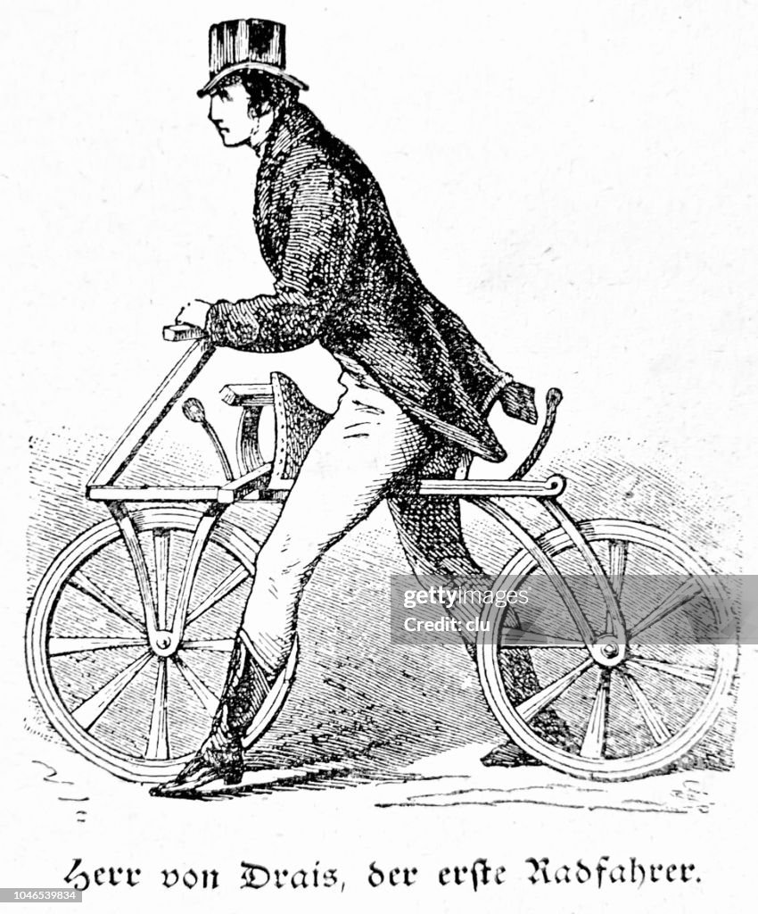 Karl von Drais, the first cyclist with his Draisinne or dandy horse