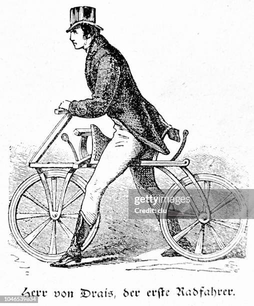 karl von drais, the first cyclist with his draisinne or dandy horse - vintage bicycle stock illustrations