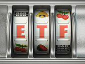 ETF exchange traded fund as jackpot on a slot machine, Successful and profitable investments concept.