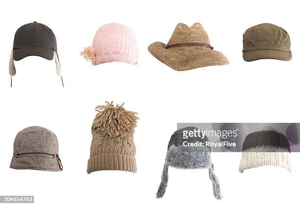 rows of different kinds of hats against white background - hat stock pictures, royalty-free photos & images