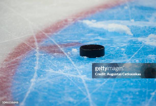 close-up of hockey puck in ice rink - ice hockey stock pictures, royalty-free photos & images