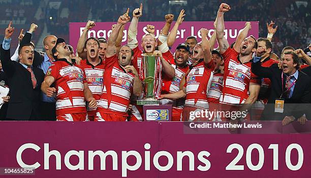 Wigan Warriors celebrate winning the engage Super League Grand Final, after beating St Helens during the engage Super League Grand Final match...