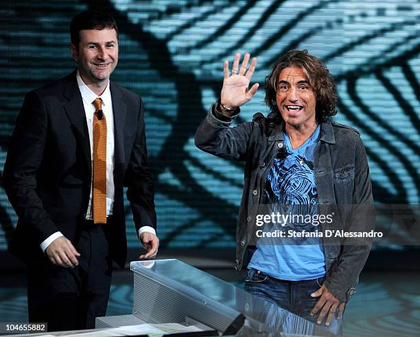 Fabio Fazio and Luciano Ligabue attend 'Che Tempo Che Fa' Italian Tv Show held at Rai Studios on October 2, 2010 in Milan, Italy.