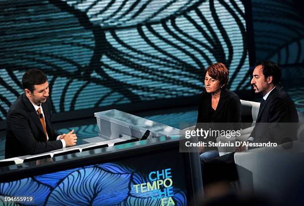 Fabio Fazio, Angela Vassallo and Stefano Pisani attend 'Che Tempo Che Fa' Italian Tv Show held at Rai Studios on October 2, 2010 in Milan, Italy.